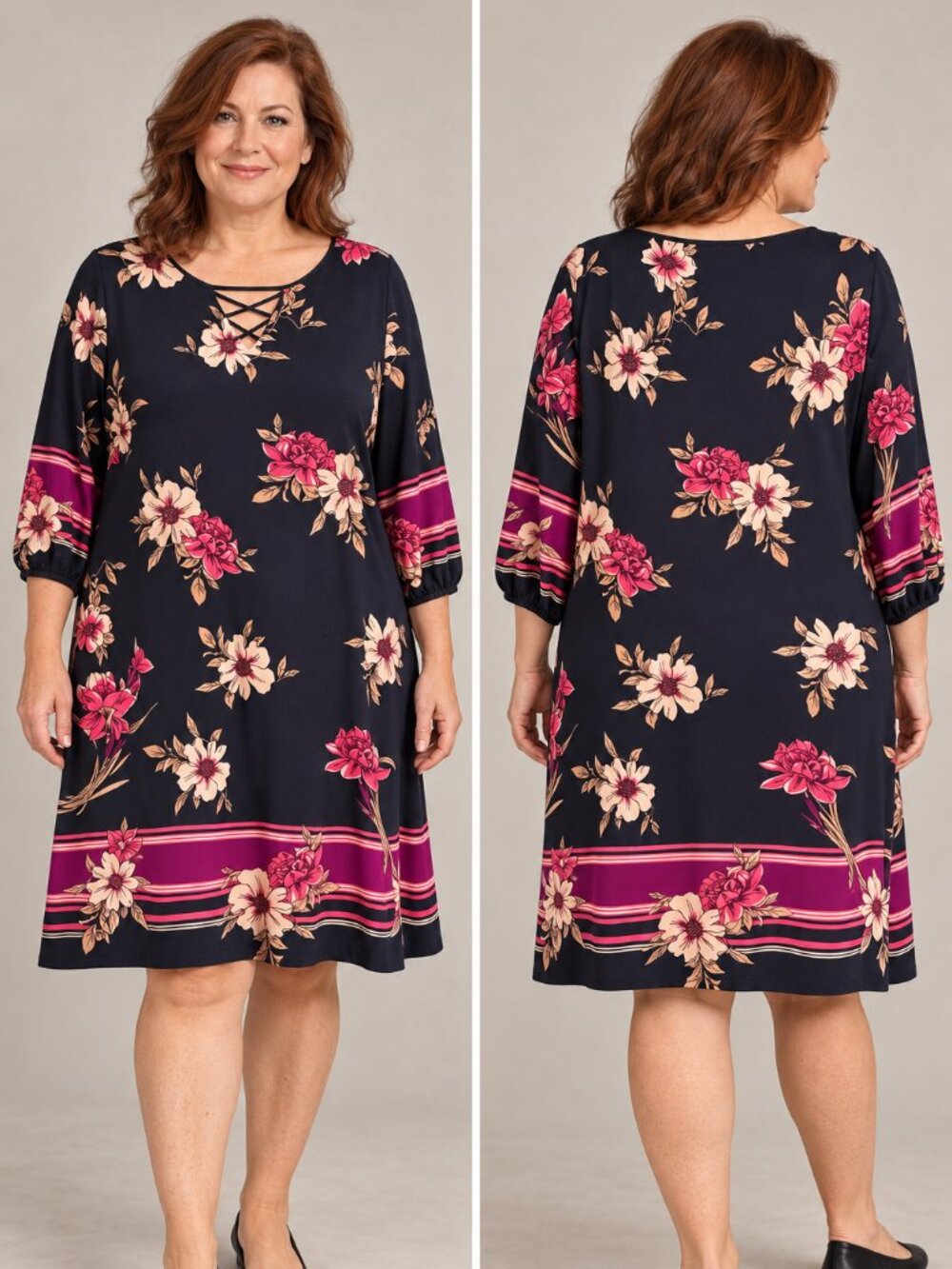 Sandra Darren Navy Pink Floral Crisscross Neck Dress 18W